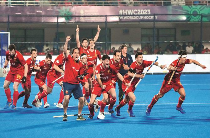 The Spanish players were jubilant after defeating the Malaysian team in a penalty shootout in the cross-over match of the Hockey World Cup. (PTI)